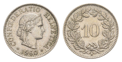 Швейцария 10 раппенов 1960 B KM 27 медно-никель 4625-234