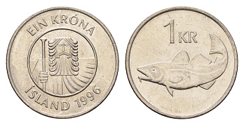 Исландия 1 крона 1996 треска KM 27a сталь плакированная никелем UNC 4691-555