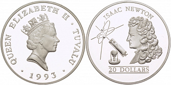 Тувалу 20 долларов 1993 Исаак Ньютон KM 17 серебро PROOF 11-240-24
