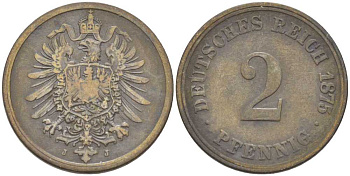 ГЕРМАНИЯ 2 ПФЕННИГА 1875 J, СТАРОГЕРБОВКА KM 2, J. 2, Weege 3 медь 212-544