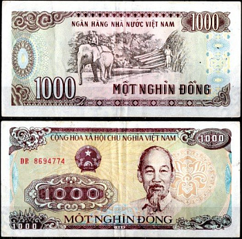 Вьетнам 1000 донг 1988 Слон, лесозаготовка Pick 106 a бумага 6293-2-3-2
