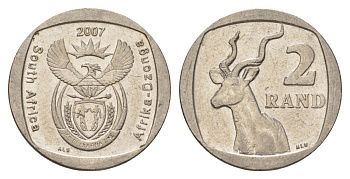 ЮАР 2 ранда 2007 KM 296 медь плакированная никелем aUNC 4628-152
