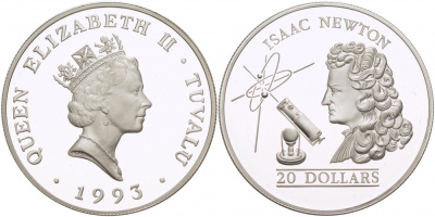 Тувалу 20 долларов 1993 Исаак Ньютон KM 17 серебро PROOF 11-095-33