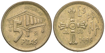 Испания 5 песет 1995 Хуан Карлос I (1975-2014), Астурия (ASTURIAS), крест KM 946 алюминиевая бронза 4621-444