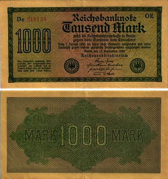 ГЕРМАНИЯ 1000 МАРОК 1922 15 СЕНТЯБРЯ 1922, ВОДЯНОЙ ЗНАК I, ЖЕЛТАЯ БУМАГА, СЕРИЯ OE Pick 76b, Rosenberg 75d бумага 6318-6-1-1