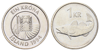 Исландия 1 крона 1994 треска KM 27a сталь плакированная никелем UNC 4666-856