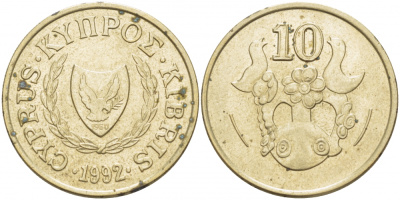 КИПР 10 ЦЕНТОВ 1992 ВАЗА С ПТИЧКАМИ KM 56.3 никель латунь 77-817