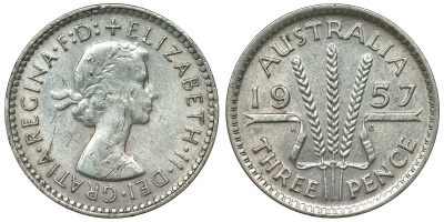 Австралия 3 пенса 1957 m, Елизавета II (1953-) KM 57 серебро 71-526
