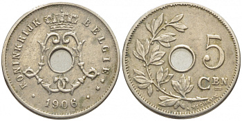 Бельгия 5 сантимов 1906 Belgie, Леопольд II (1865-1909) KM 55 медно-никель 112-225