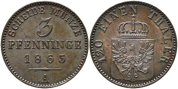 ПРУССИЯ 3 ПФЕННИГА 1863 А, ВИЛЬГЕЛЬМ I (1861-1888) KM 482 медь 4448-1111