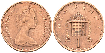 Великобритания 1 пенни 1974 Елизавета II (1952-2022) KM 915, Spink 4237 (B1) бронза 4588-539