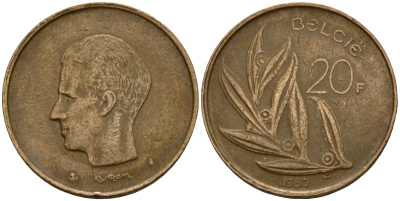 Бельгия 20 франков 1980 Belgie, Бодуэн I (1951-1993) KM 160 никель бронза 4599-145