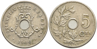 Бельгия 5 сантимов 1906 Belgie, Леопольд II (1865-1909) KM 55 медно-никель 112-225