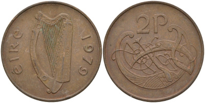 Ирландия 2 пенса 1979 виньетка в виде стилизованной птицы из второй библии Карла II Лысого KM 21 бронза 4144-1011