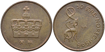 Норвегия 50 эре 1996 Харальд V (1991- ) KM 460 бронза 4115-1266