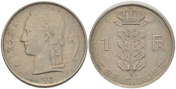 БЕЛЬГИЯ 1 ФРАНК 1952 BELGIQUE, БОДУЭН I (1951-1993) KM 142.1 медно-никель 202-945