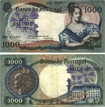 Португалия 1000 эскудо 1967 королева Мария II, Центральный банк Pick 172a бумага 8606-34-2-1