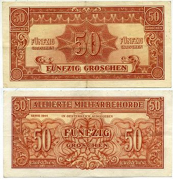 Австрия, Союзные военные власти 50 грошей 1944 Allierte Militaerbehoerde Pick 102 b бумага 3295-6-3-2