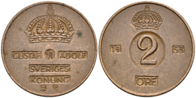 Швеция 2 эре 1953 Густав VI Адольф (1950-1973) KM 821 бронза 190-856