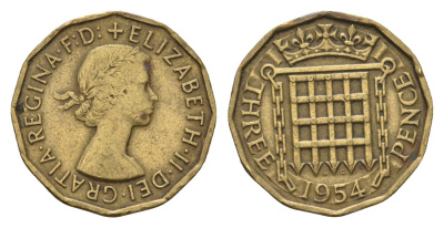 Великобритания 3 пенса 1954 Елизавета II (1952-2022) KM 900, Spink 4153 никель латунь 4699-434