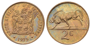 ЮАР 2 цента 1975 герб, антилопа гну KM 83 бронза UNC 4695-1041