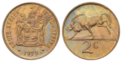 ЮАР 2 цента 1975 герб, антилопа гну KM 83 бронза UNC 4695-1041