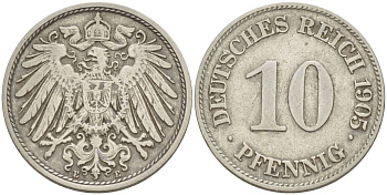 Германия 10 пфеннигов 1905 E KM 12, Jager 13, Weege 8 медно-никель 219-115
