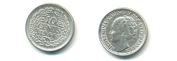 Нидерланды 10 центов 1944 P, Вильгельмина I (1890-1948) KM 163 серебро 84-943