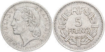 ФРАНЦИЯ 5 ФРАНКОВ 1948 OPEN 9 KM 888b.1 алюминий 189-244