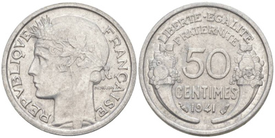 ФРАНЦИЯ 50 САНТИМОВ 1941 ТИП MORLON LOURDE KM 894.1a, LE FRANC 193.2 алюминий 44-253