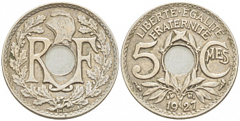 ФРАНЦИЯ 5 САНТИМОВ 1927 KM 875 медно-никель 1515-415