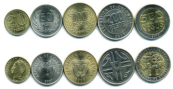 Колумбия лот из 5 монет 2007-2008 (20, 50, 100, 200, 500 ПЕСО) UNC N3-49