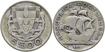 ПОРТУГАЛИЯ 5 ЭСКУДО 1937 KM 581 серебро 4388-452