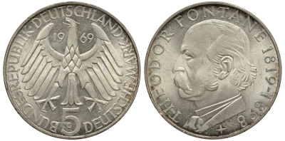 ФРГ 5 марок 1969 G, 150 лет со дня рождения Теодора Фонтана J. 399, KM 125.1 серебро UNC 413-3534