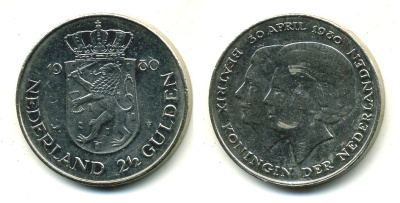 Нидерланды 2 1/2 гульдена 1980 коронация Беатрикс, 30 апреля 1980 KM 201 никель 53-456