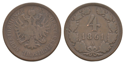 Австрия 4 крейцера 1861 A, Франц Иосиф I (1848-1916) KM 2194 медь 4654-215