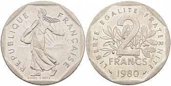 ФРАНЦИЯ 2 ФРАНКА 1980 СЕЯТЕЛЬ KM 942.1, LE FRANC 272.4 никель 3855-712