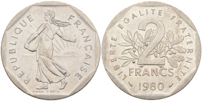 ФРАНЦИЯ 2 ФРАНКА 1980 СЕЯТЕЛЬ KM 942.1, LE FRANC 272.4 никель 3855-712