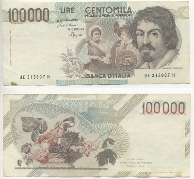 Италия 100000 лир 1983 Караваджо, фруктовый букет, подпись Speziali Pick 110b бумага 7220-11-1