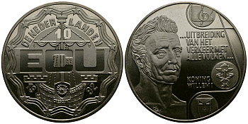 НИДЕРЛАНДЫ 10 ЭКЮ 1992 КОРОЛЬ ВИЛЛЕМ I, РАСШИРЕНИЕ ТОРГОВЛИ СО ВСЕМИ СТРАНАМИ, ДИАМЕТР 39 ММ. UNC 1077-9-24