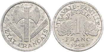 ФРАНЦИЯ 1 ФРАНК 1942 LB, ТИП LOURDЕ, ПРАВИТЕЛЬСТВО ВИШИ KM 902.1, LE FRANC 222.2 алюминий 212-922