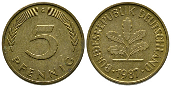 ФРГ 5 ПФЕННИГОВ 1987 G KM 107, J. 382 сталь плакированная латунью 179-1049