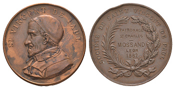 Франция медаль вручаемая Общество Святого Винсента де Поля 1882 Шарль Гарнье, Викентий де Поль, диаметр 33 мм, вес 14,5 гр бронза 1516-1423