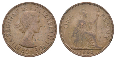 Великобритания 1 пенни 1962 Елизавета II (1952-2022) KM 897, Spink 4157 бронза 4661-845