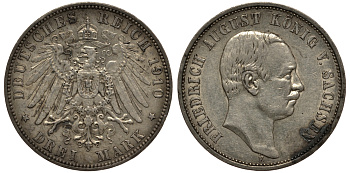 Саксония 3 марки 1910 E, Фридрих Август III (1904-1918) Weege 132, J. 135, KM 1267 серебро 3711-1333