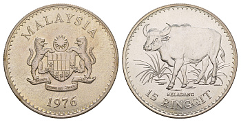Малайзия 15 ринггит 1976 Охрана дикой природы - Малайзийский гаур KM 19 серебро BU 413-4134
