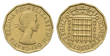 Великобритания 3 пенса 1960 Елизавета II (1952-2022) KM 900, Spink 4153 никель латунь 4121-617