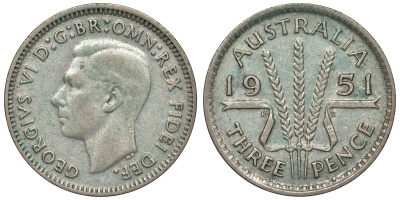 Австралия 3 пенса 1951 m, Георг VI (1937-1952), без букв KM 44 серебро 71-261