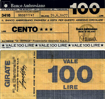 Италия 100 лир 1977 29 июня 1977 Banco Ambrosiano, Milano бумага 7183-51-2-1