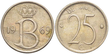 БЕЛЬГИЯ 25 САНТИМОВ 1969 BELGIQUE, БОДУЭН I (1951-1993) KM 153.1 медно-никель 214-433
